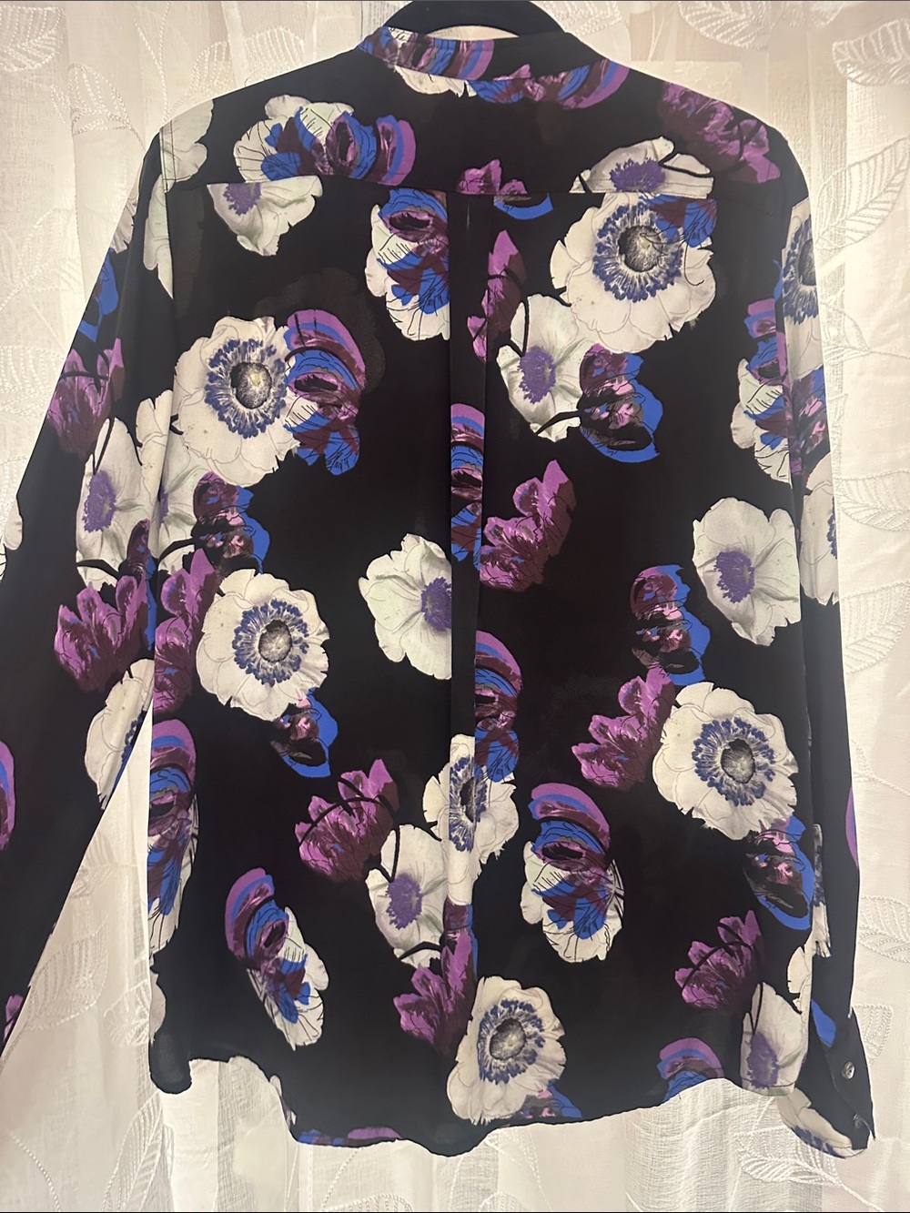 J. Crew Black Floral Button-Up Silk Blouse with White and Purple Blooms - Picture 5 of 10